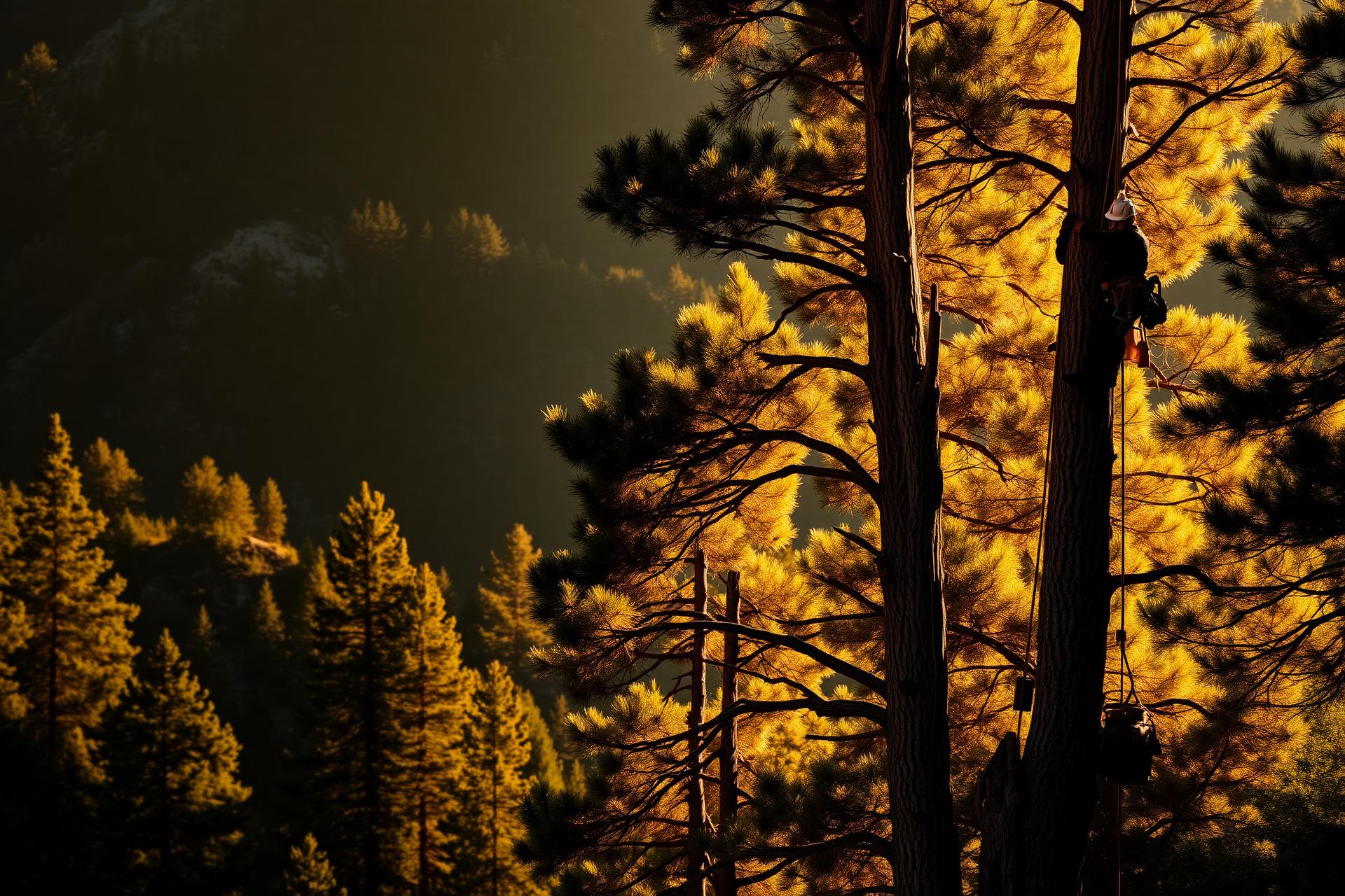 ADS Tree Service arborist working high in tall Sierra foothill pines